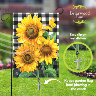 Metal Cross Garden Flag Weight, silver cross on black and white garden flag with sunflowers.