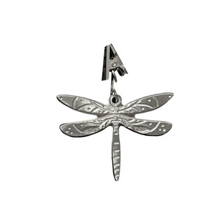 Metal dragonfly garden flag weight, silver, four winged insect decoration with hanging clip.