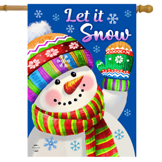 Let It Snow Snowman House Flag with colorful hat, scarf, and mittens on blue background.