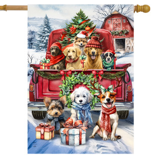 Holiday Cheer Dogs House Flag with festive dogs in a red truck surrounded by Christmas decorations.