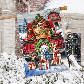 Holiday Cheer Dogs House Flag with festive dogs and Christmas theme on a red truck background.