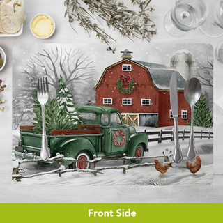Winter Trucks Placemat, green truck, red barn, snowy scene, 4-pack placemats with festive holiday design.