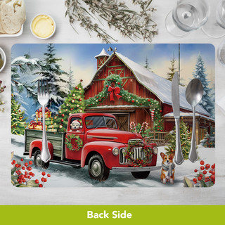 Red vintage truck with Christmas decorations on a snowy scene placemat, 4-pack, winter theme.