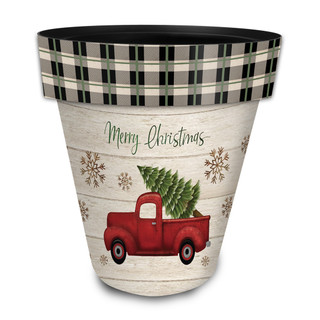 Merry Christmas Pickup Truck Large Planter with plaid rim and snowflakes on white wood grain background.