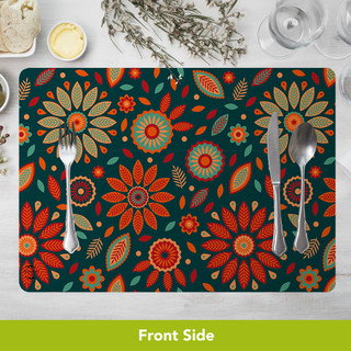Dining in Style Placemat, vibrant floral patterned placemat with silverware on dark green background, 4-pack.