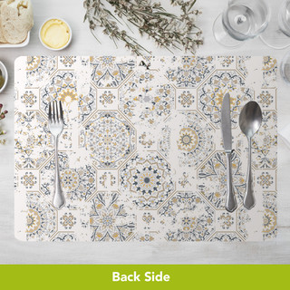 Vintage Home Placemat, 4-pack, white, blue, and yellow floral design placemat with silverware on top.