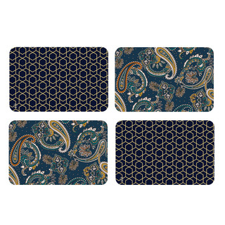 Four navy blue placemats with gold hexagonal and paisley patterns, Bold Patterns Placemat 4-pack displayed.