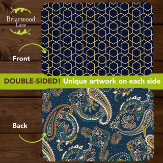 Bold Patterns Placemat set of 4, double-sided with geometric and paisley designs on navy blue.