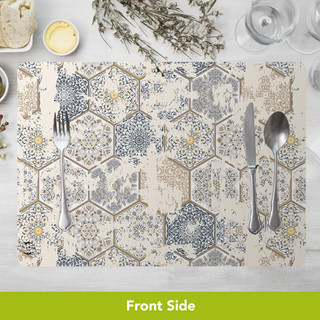 Distressed Elegance Placemat with blue, gold, and white hexagonal pattern, silverware on top, 4-pack included.