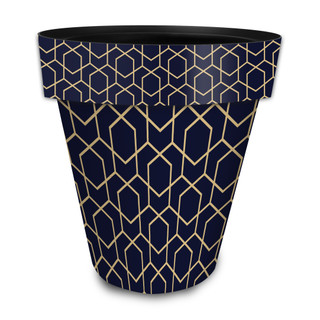 Large blue geometric planter with gold lines, navy blue and gold decorative pot, tapered shape.