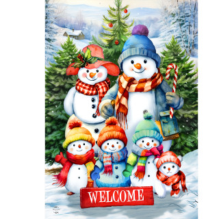 Snow Family House Flag with snowmen family and welcome sign in winter scenery with trees.