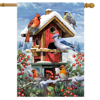 Winter Birdhouse Gathering House Flag with snowy red birdhouse and colorful birds on branches with berries.