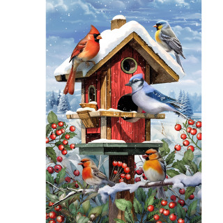 Winter Birdhouse Gathering House Flag with cardinals, blue jays, and finches on snowy red birdhouse.