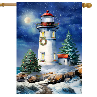 Wonderland Lighthouse House Flag, white lighthouse with red roof and Christmas decor on snowy ground.