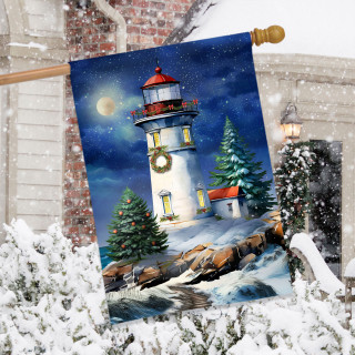 Wonderland Lighthouse House Flag with snowy scene, white lighthouse, red roof, and Christmas wreath decoration.