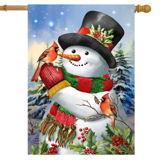 Winter Snowman Friends House Flag with cardinals, hat, scarf, snowy background, and festive holly.