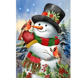 Winter Snowman Friends House Flag, snowman with cardinals, holly, and snow-covered trees under starry night sky.