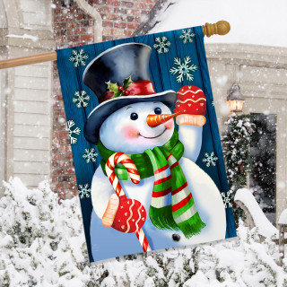 Candy Cane Snowman House Flag with snowflakes, green scarf, and black hat on blue background.