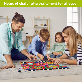 Family with kids assembling Bright Blooms 1000 piece colorful jigsaw puzzle on living room floor.