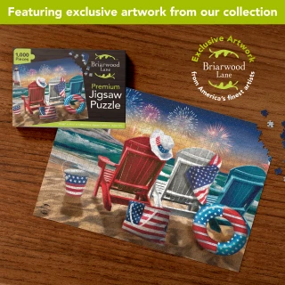 Beachfront Fireworks Summer 1000 Piece Jigsaw Puzzle with patriotic beach scene and fireworks display.