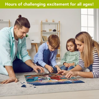Family assembling Beachfront Fireworks Summer 1000 piece jigsaw puzzle on floor together with focus on puzzle.