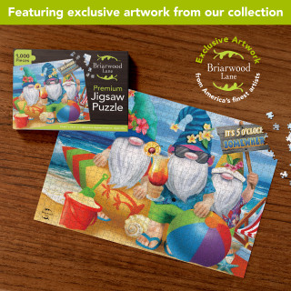 Summer gnomes on beach jigsaw puzzle with box, 1000 pieces, colorful illustration, wooden table background.