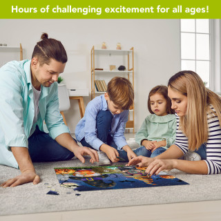 Family assembling Halloween Gnomes 1000 Piece Jigsaw Puzzle on living room floor together happily.
