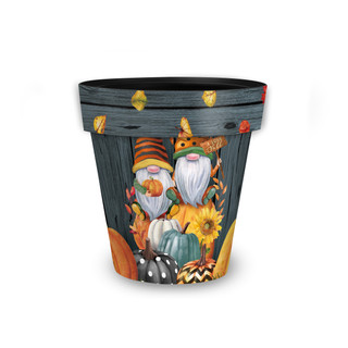 Small Fall Gnomes Planter with colorful gnomes, pumpkins, and sunflowers on a dark background.