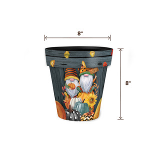 Fall Gnomes Small Planter, 8" tall and wide, featuring colorful gnomes, pumpkins, and sunflowers design.