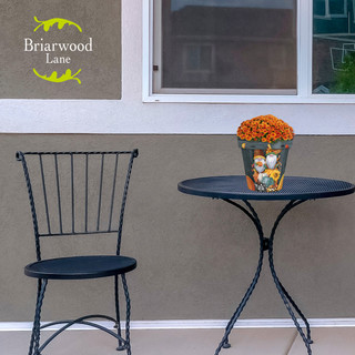 Briarwood Lane Fall Gnomes Small Planter with orange flowers on a black metal table and chair.
