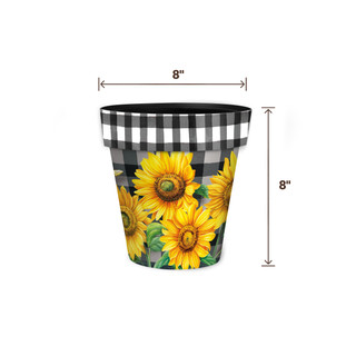 Small Checkered Sunflowers Decorative Planter, 8" tall, 8" wide, black and white checkered top, yellow sunflowers.