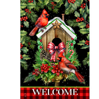 Holiday Birdhouse House Flag with cardinals, holly, and bow on a red plaid background.