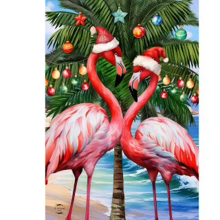 Festive Flamingos House Flag with pink flamingos, Christmas ornaments, and Santa hats on a beach.