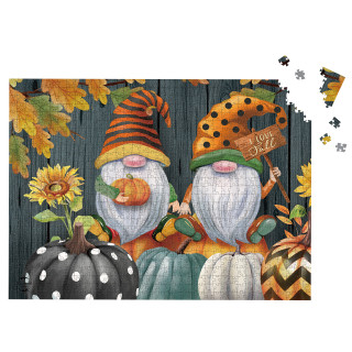 Fall Gnomes 1000 Piece Jigsaw Puzzle with gnomes, pumpkins, sunflowers, and autumn leaves on wooden background.