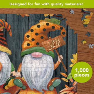 Fall Gnomes 1000 Piece Jigsaw Puzzle with autumn leaves and gnomes on a wooden background.