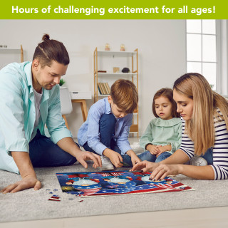 Family with kids assembling Patriotic Gnomes 1000-piece jigsaw puzzle on living room floor together.