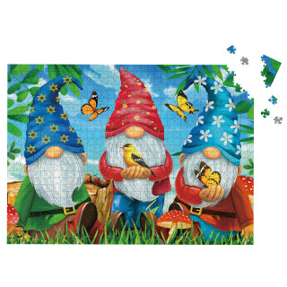 Gnome Sweet Gnome Spring 1000 Piece Jigsaw Puzzle with colorful gnomes and birds outdoors.