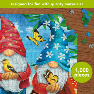 Gnome Sweet Gnome Spring 1000 Piece Jigsaw Puzzle with colorful gnomes, birds, and flowers.