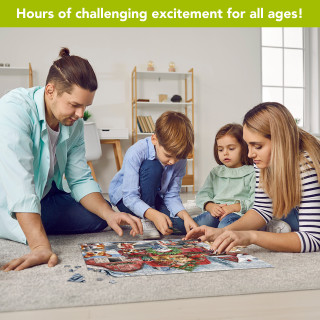 Family with kids working on Holiday Cheer Dogs 1000 piece jigsaw puzzle together on floor.
