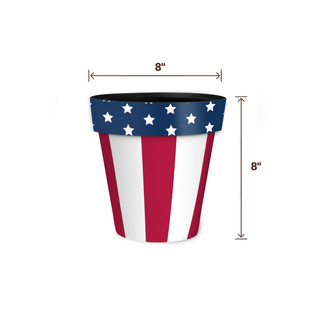 American Flag Small Planter, 8 inches tall and wide, red, white, and blue with stars.