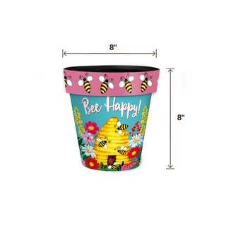Bee Happy Beehive Small Planter, 8" tall and wide, pink, blue, yellow, and floral design.