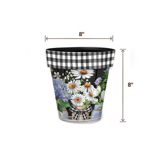 Crated Mason Jars Small Planter, 8" tall, 8" wide, black gingham top, floral design.