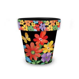 Whimsy Flowers Small Planter, black with colorful floral design and multicolored flowers, green leaves.