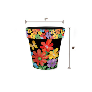 Whimsy Flowers Small Planter, black with colorful flowers, 8 inches wide and 8 inches tall.
