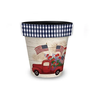 Stars and Stripes Truck Small Planter with red truck, flowers, and American flags on a rustic background.