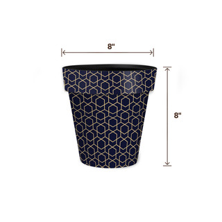 Small blue geometric planter with gold accents, 8 inches wide and 8 inches tall.