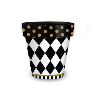 Small Checkerboard Planter with black, white, and gold diamond and polka dot decorative design elements.