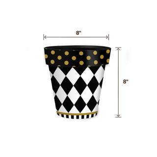 Black and white checkerboard small planter with gold accents, 8" tall and 8" wide.