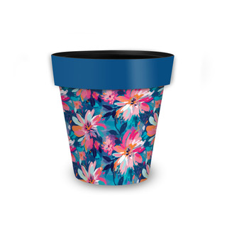 Small Abstract Floral planter with blue rim, pink, white and orange flowers on blue background.