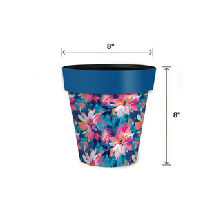 Abstract Floral Small Planter, 8" height, 8" width, blue rim, vibrant floral pattern on dark background.